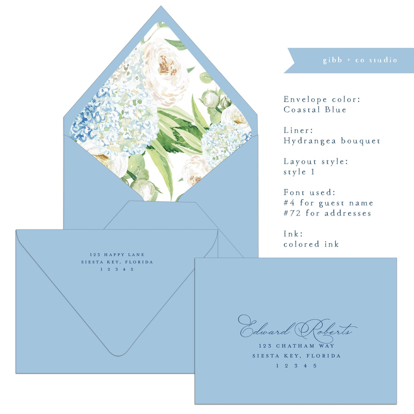Euro flap envelope with liner, digital addressing, blue hydrangeas bouquet liner, coastal wedding, addressed, A7 Lined envelopes, set of 20