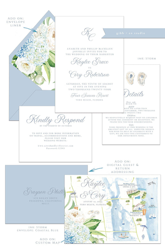 Coastal wedding invitations, blue hydrangeas, Hydrangeas, Semi Custom wedding invites, floral watercolor, rsvp, details, deposit listing