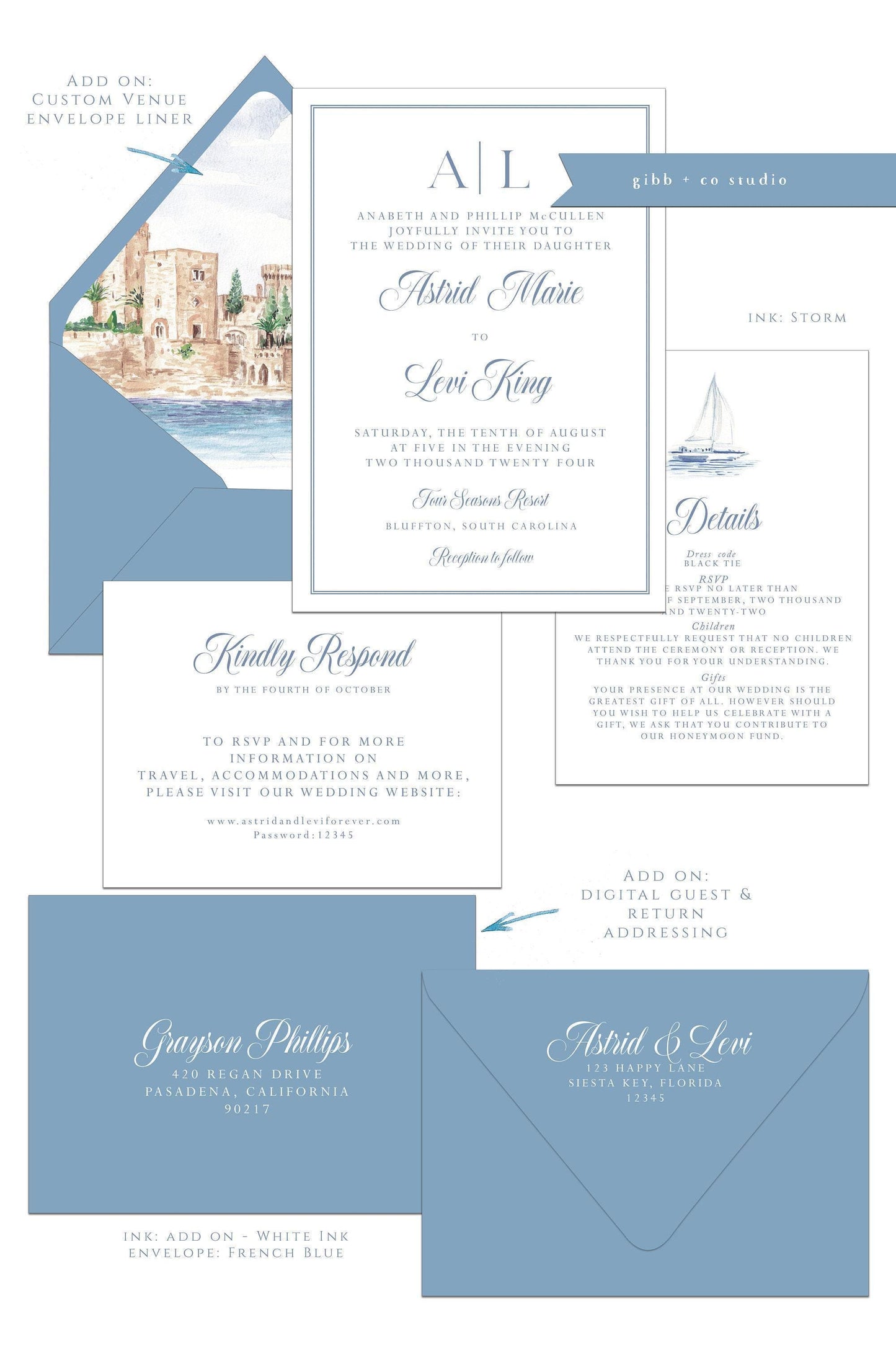 Astrid Coastal wedding invitations, Semi Custom printed, beach, painted watercolor, wedding invites, rsvp, details deposit