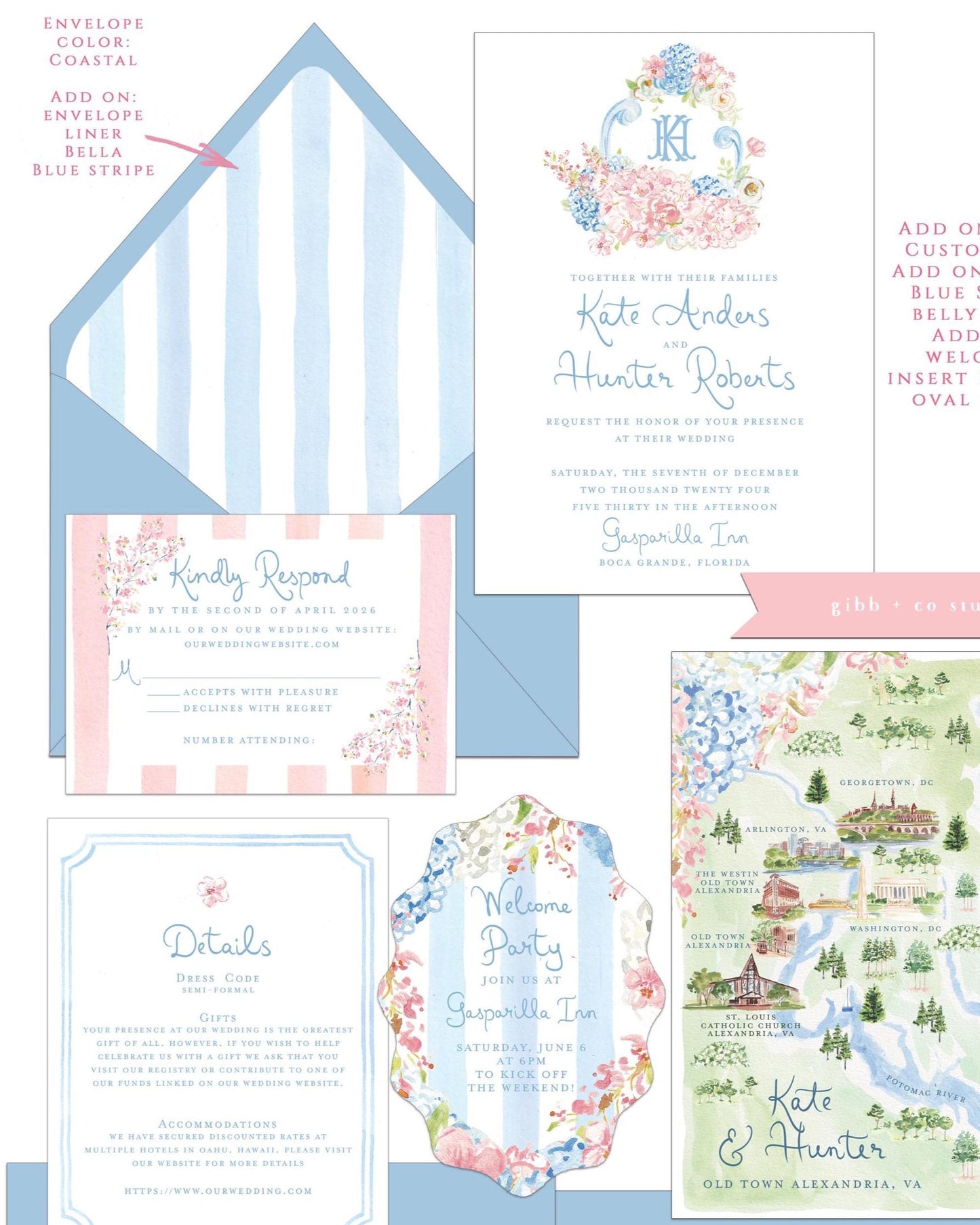 Bella Cherry Blossom wedding invitation, pink and blue, hydrangeas, semi custom, floral wedding, destination wedding, watercolor invites, deposit only