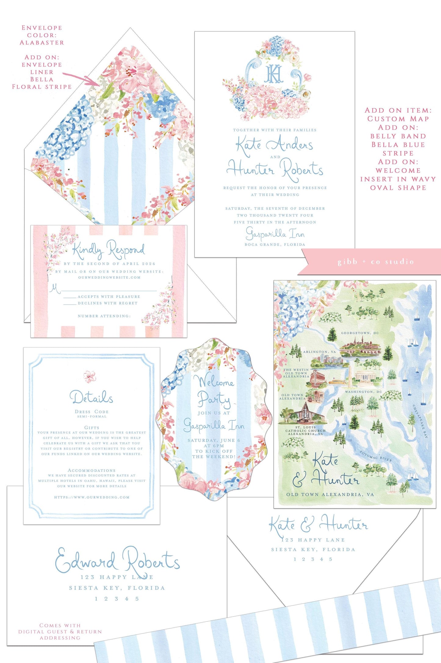 Bella Cherry Blossom wedding invitation, pink and blue, hydrangeas, semi custom, floral wedding, destination wedding, watercolor invites, deposit only