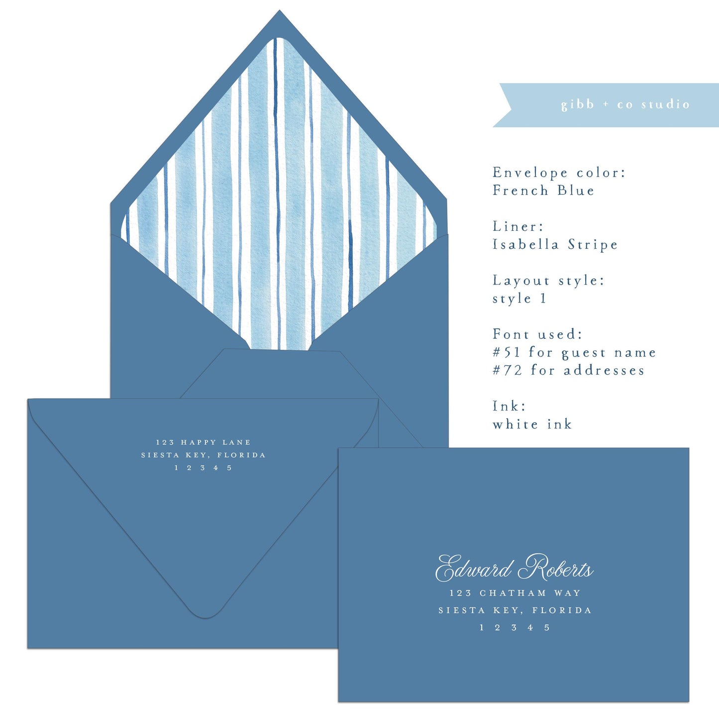 Euro flap envelope with liner, digital addressing, watercolor striped liner, coastal wedding, addressed, A7 Lined envelopes