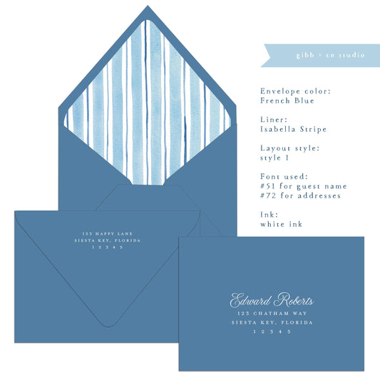 Euro flap envelope with liner, digital addressing, watercolor striped liner, coastal wedding, addressed, A7 Lined envelopes