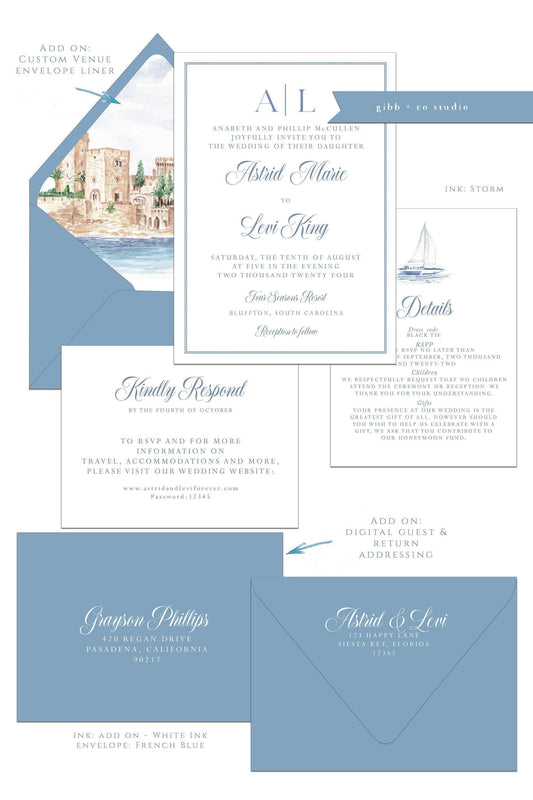 Astrid Coastal wedding invitations, Semi Custom printed, beach, painted watercolor, wedding invites, rsvp, details deposit