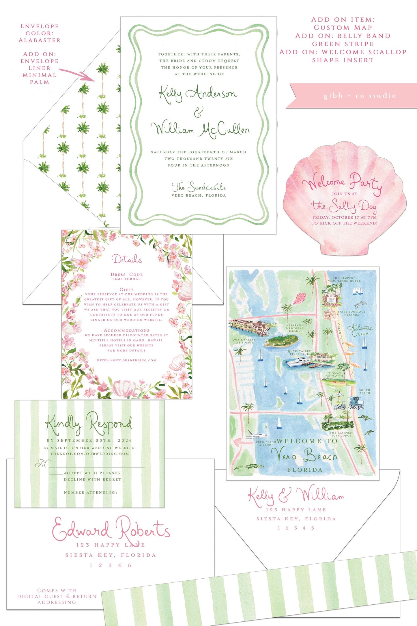 Sophie Beach wedding invitation, pink and green, tropical flowers, beach wedding, destination wedding, semi custom, watercolor invites, deposit only