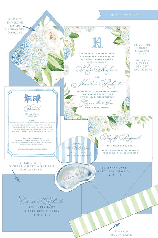 Elise Coastal wedding invitation, blue hydrangea, beach wedding, coastal, watercolor, Semi Custom set, Nantucket style, deposit