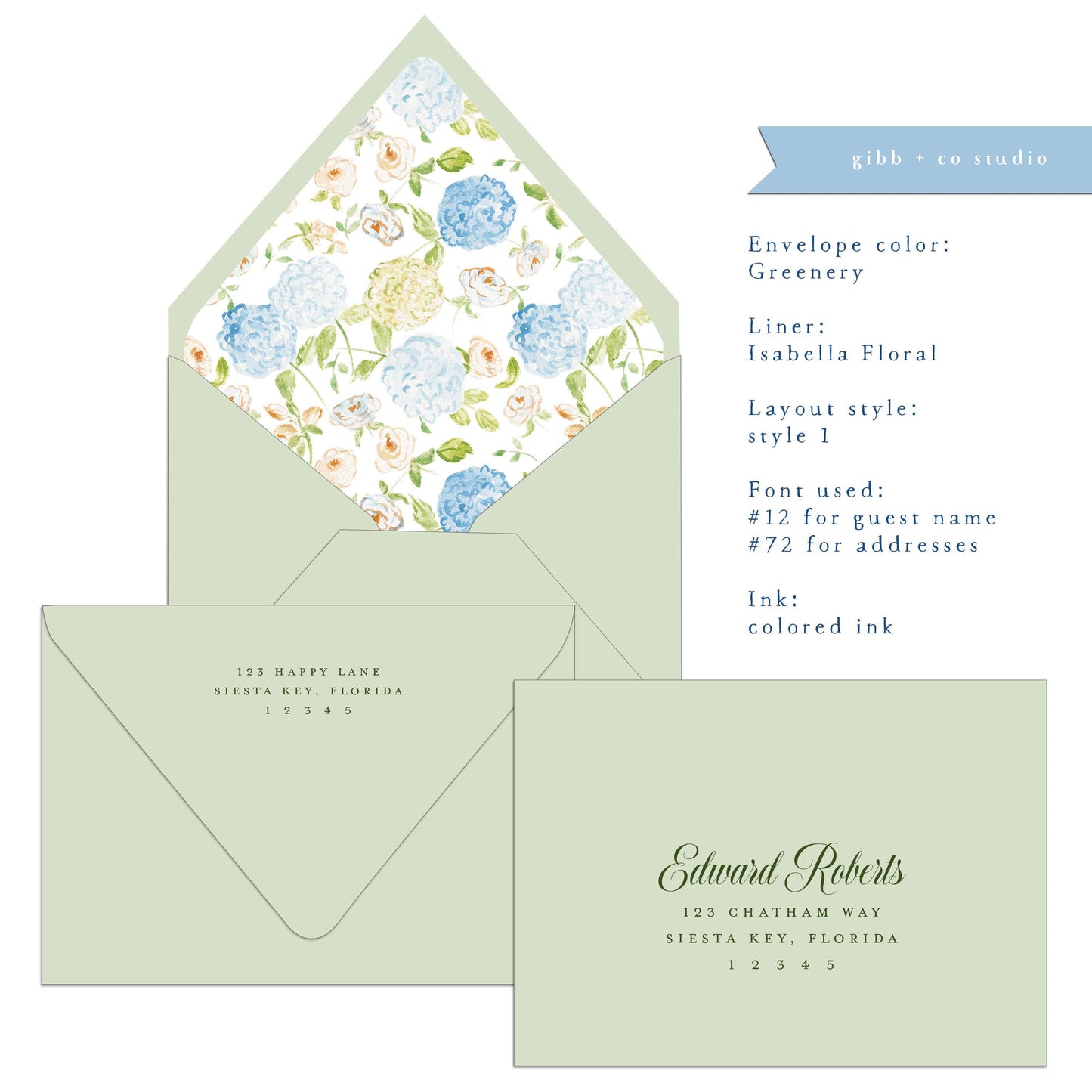 Euro flap envelope with liner, digital addressing, Isabella floral blue hydrangea liner, coastal wedding, A7 Lined envelopes, set of 20