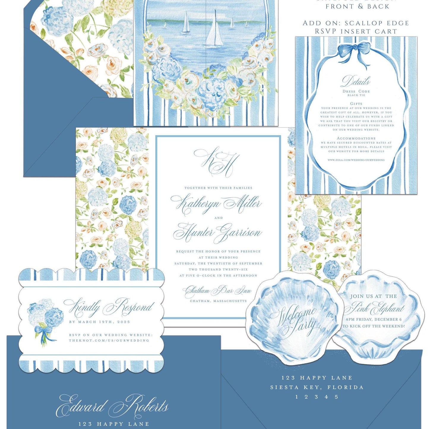 Isabella Coastal wedding invitation, blue hydrangea, beach wedding, coastal wedding, watercolor Semi Custom wedding set, deposit only