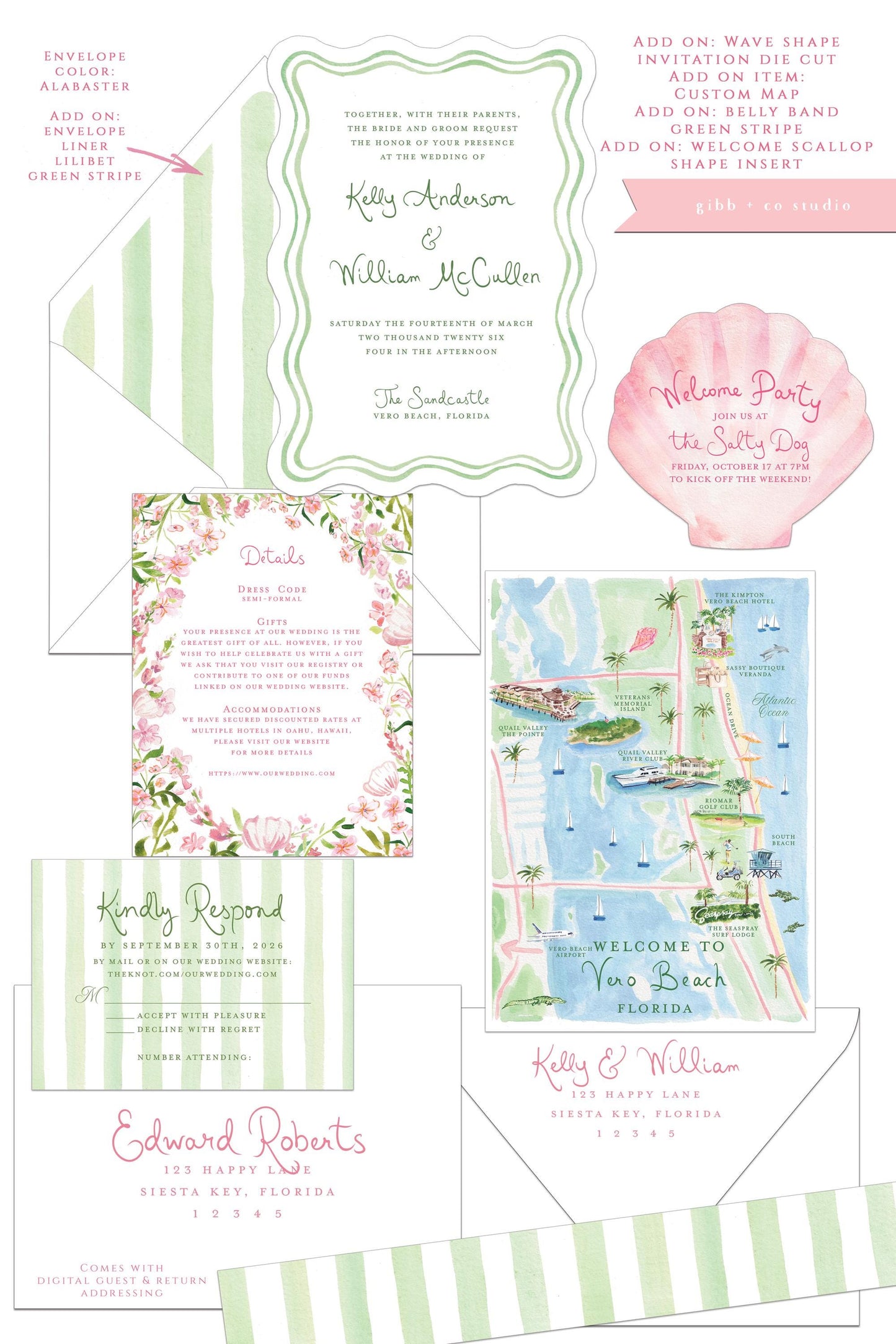 Sophie Beach wedding invitation, pink and green, tropical flowers, beach wedding, semi custom, destination wedding, watercolor invites, deposit only