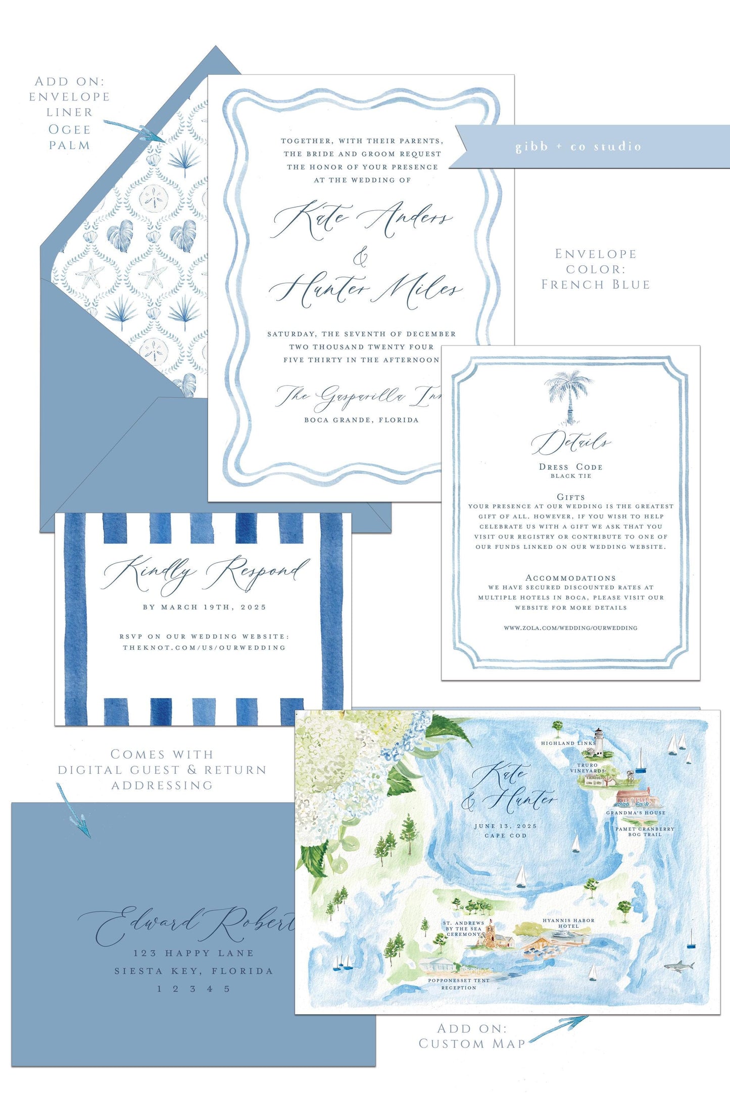 Grayson Coastal wedding invitation, beach wedding, nautical wedding, watercolor wedding, Semi Custom, rsvp, wedding details, deposit