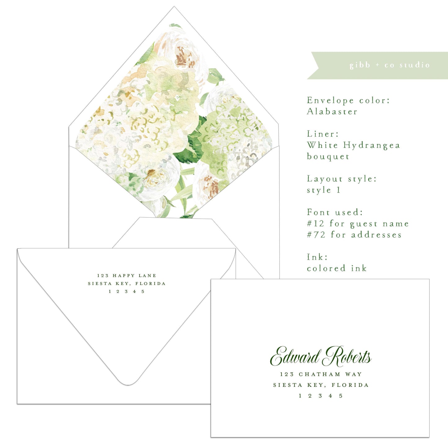 Euro flap envelope with liner, digital addressing, White hydrangeas bouquet liner, coastal wedding, addressed, A7 Lined envelopes, set of 20