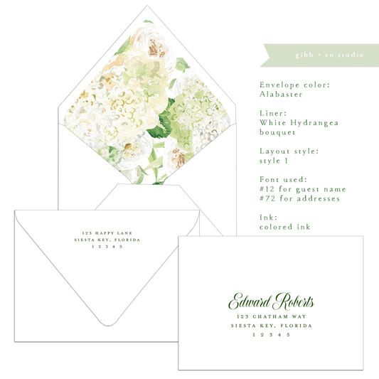 Euro flap envelope with liner, digital addressing, White hydrangeas bouquet liner, coastal wedding, addressed, A7 Lined envelopes, set of 20