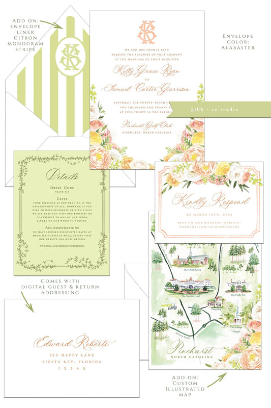 Floral wedding invitations, garden wedding, Julie Semi Custom wedding invites, rsvp, detail, peony, roses, watercolor floral invitation