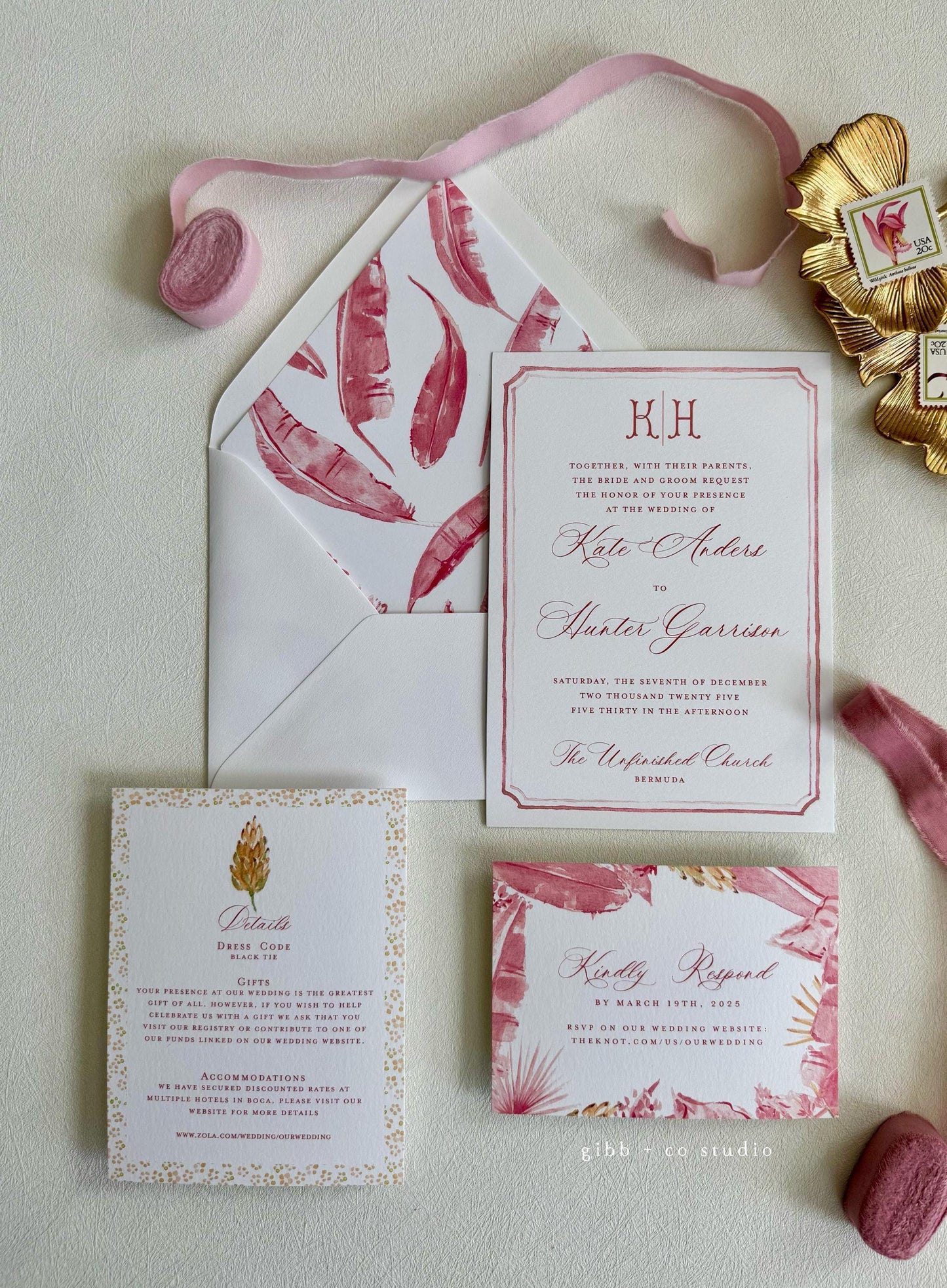 Tropical wedding invitations, beach wedding, Coastal, Ainsley Semi Custom wedding invites, rsvp, detail, watercolor palms, pink, deposit