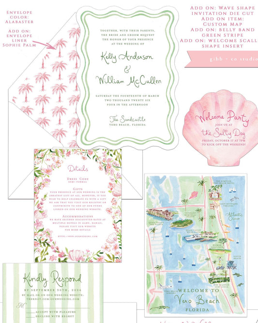 Sophie Beach wedding invitation, pink and green, tropical flowers, beach wedding, destination wedding, semi custom, watercolor invites, deposit only