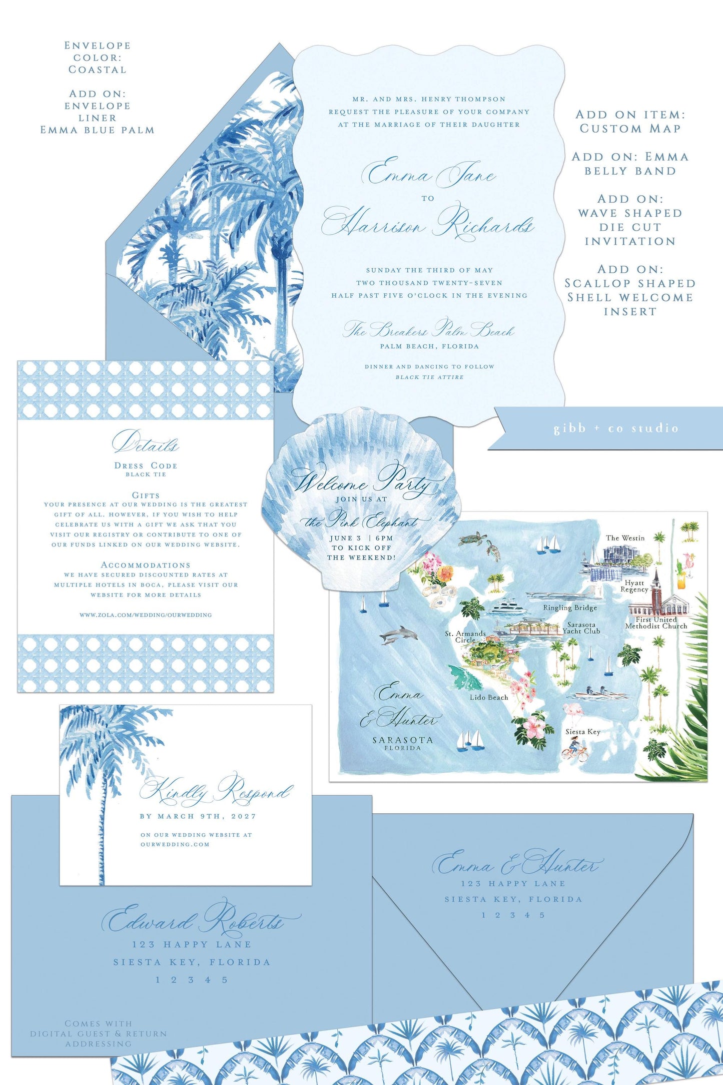 Emma wedding invitation, blue, beach wedding, tropical wedding, semi custom, coastal wedding, destination wedding, watercolor invites, deposit only