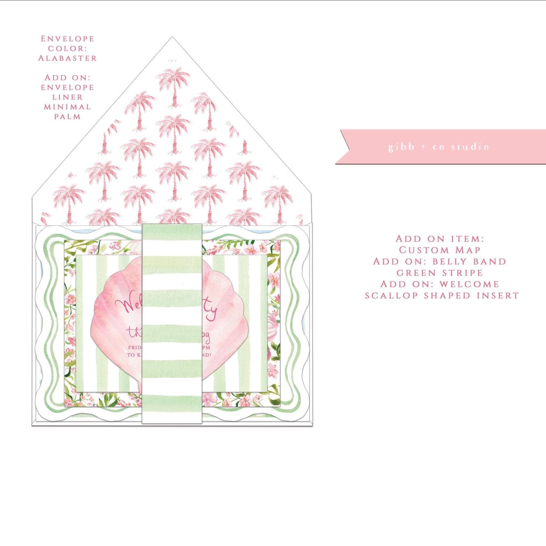 Closeup view of Sophie Wedding invitation suite stack featuring a main invitation with green border with white envelope and add on options of belly band, a welcome party scallop-shaped insert, and a custom map.