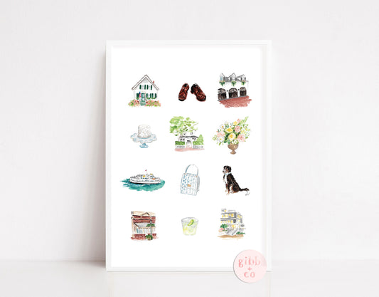 Custom watercolor, anniversary gift, personalized gift, 1st anniversary, wedding, illustrated, keepsake, wedding schedule