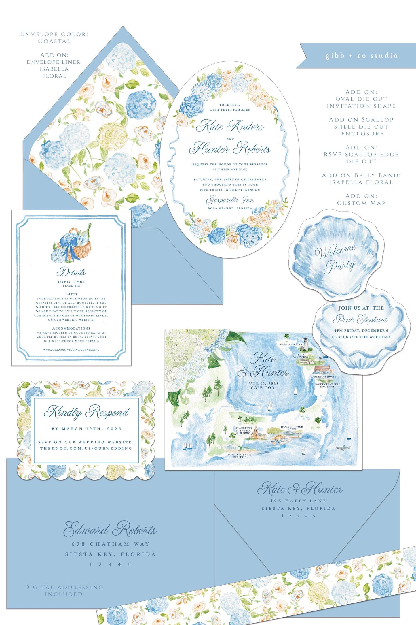 Kelsey Coastal wedding invitation, blue hydrangea, beach wedding, coastal wedding, watercolor Semi Custom wedding set, deposit only