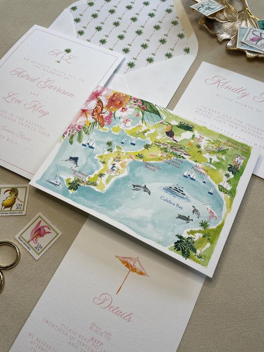 Hand-Painted Tropical Wedding Invitation Set, Semi Custom Invitations deposit, Kylie
