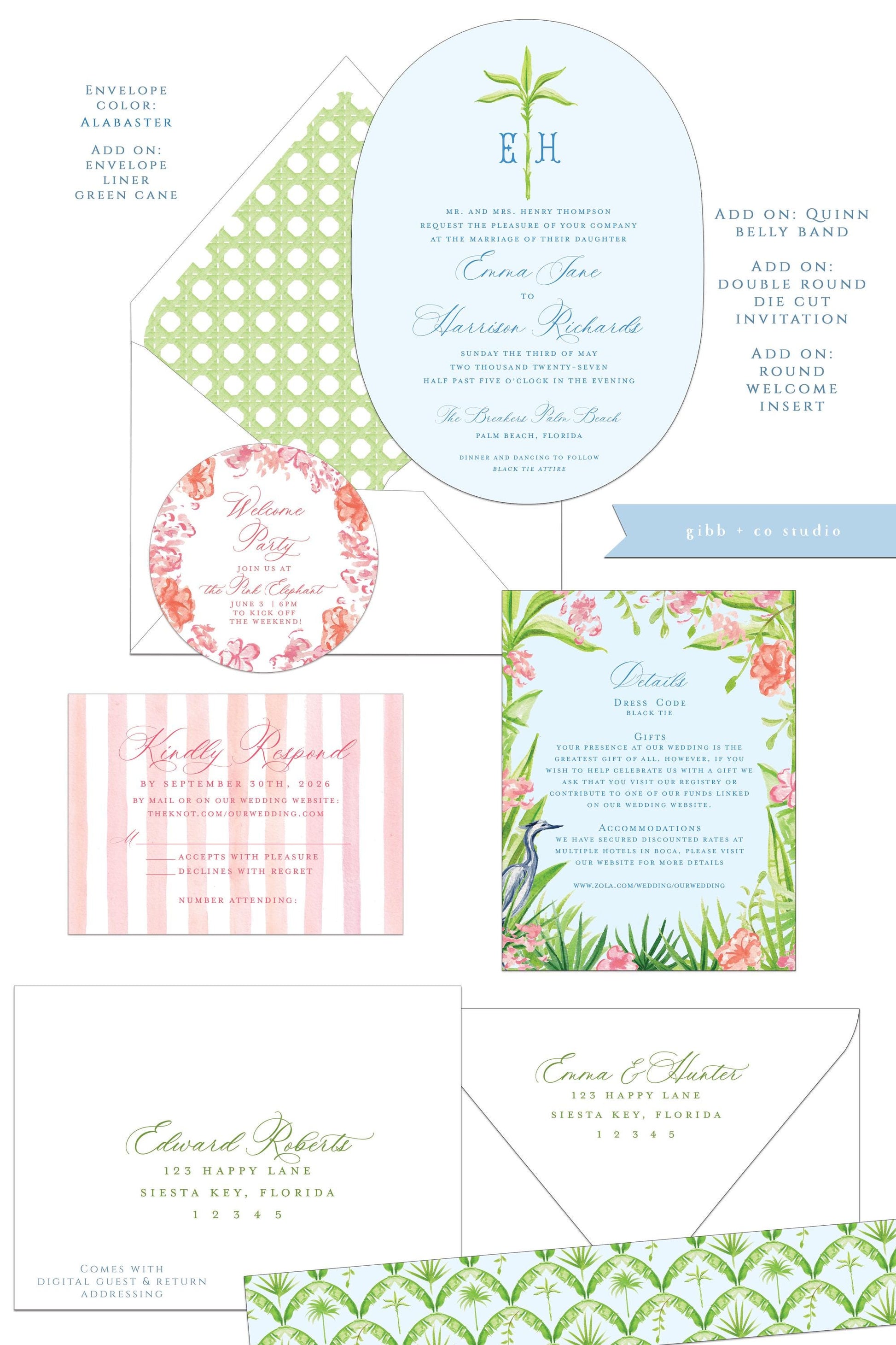 Quinn wedding set with white envelopes and custom options like green cane envelope liner and belly band
