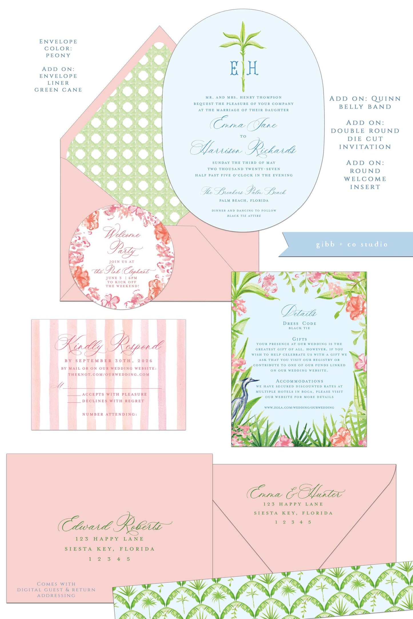 Quinn wedding set with pink envelopes and custom options like green cane envelope liner and belly band