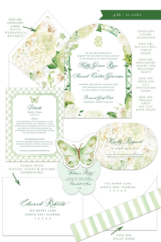 Evelyn Coastal wedding invitation, white hydrangea, beach wedding, coastal wedding, watercolor wedding, Semi Custom wedding set, garden
