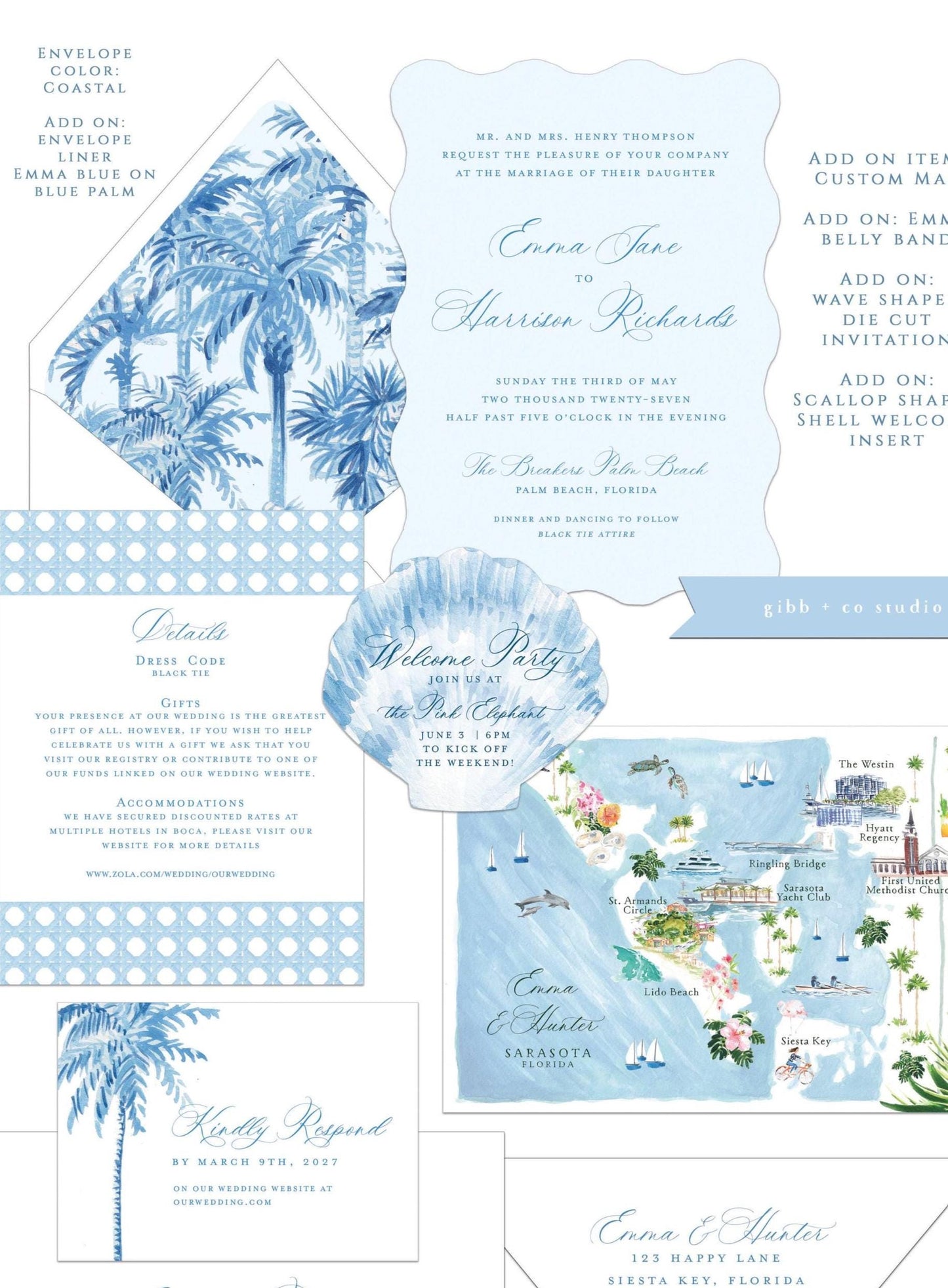 Emma wedding invitation, blue, beach wedding, tropical wedding, semi custom, coastal wedding, destination wedding, watercolor invites, deposit only