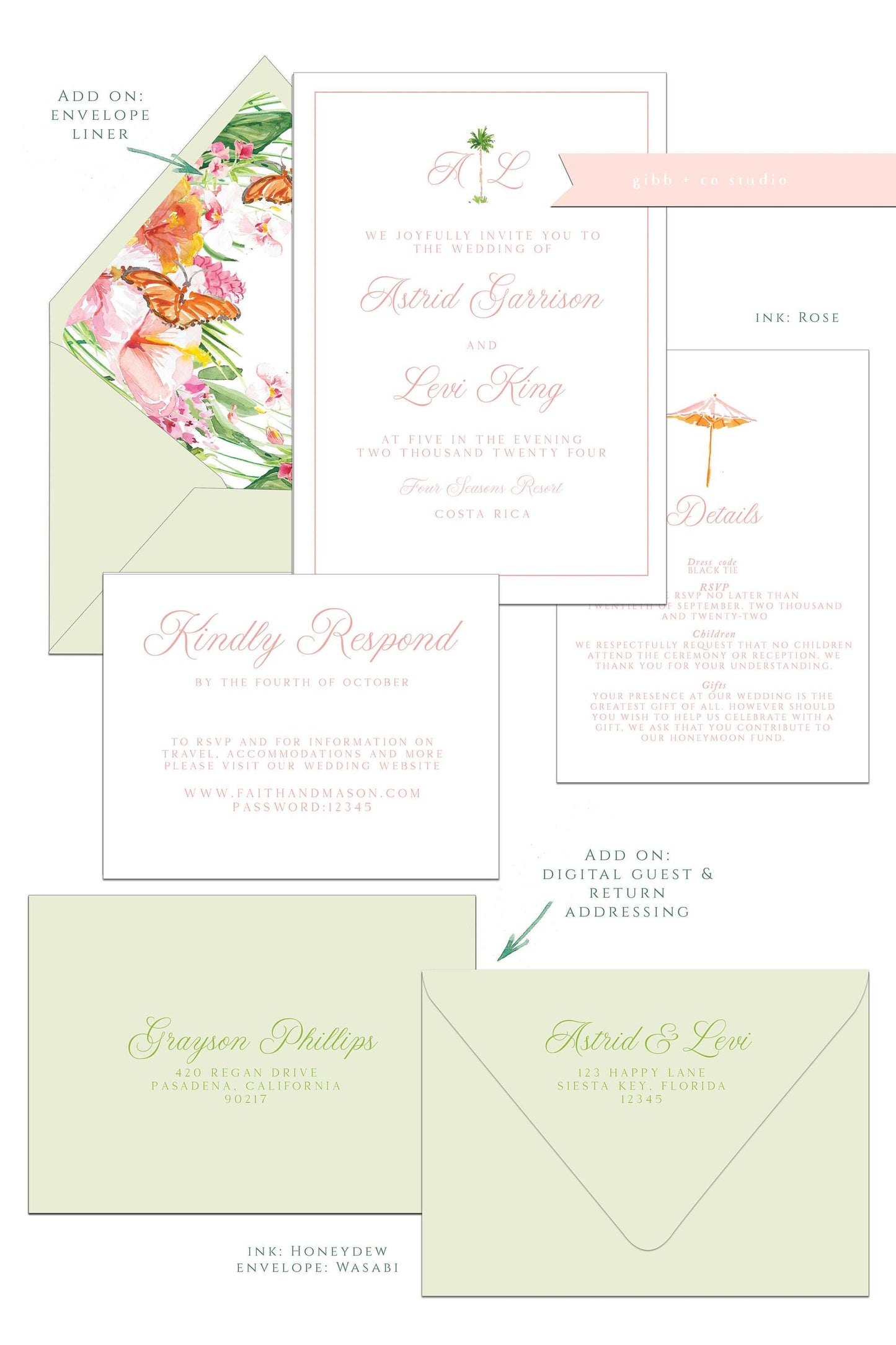 Hand-Painted Tropical Wedding Invitation Set, Semi Custom Invitations deposit, Kylie