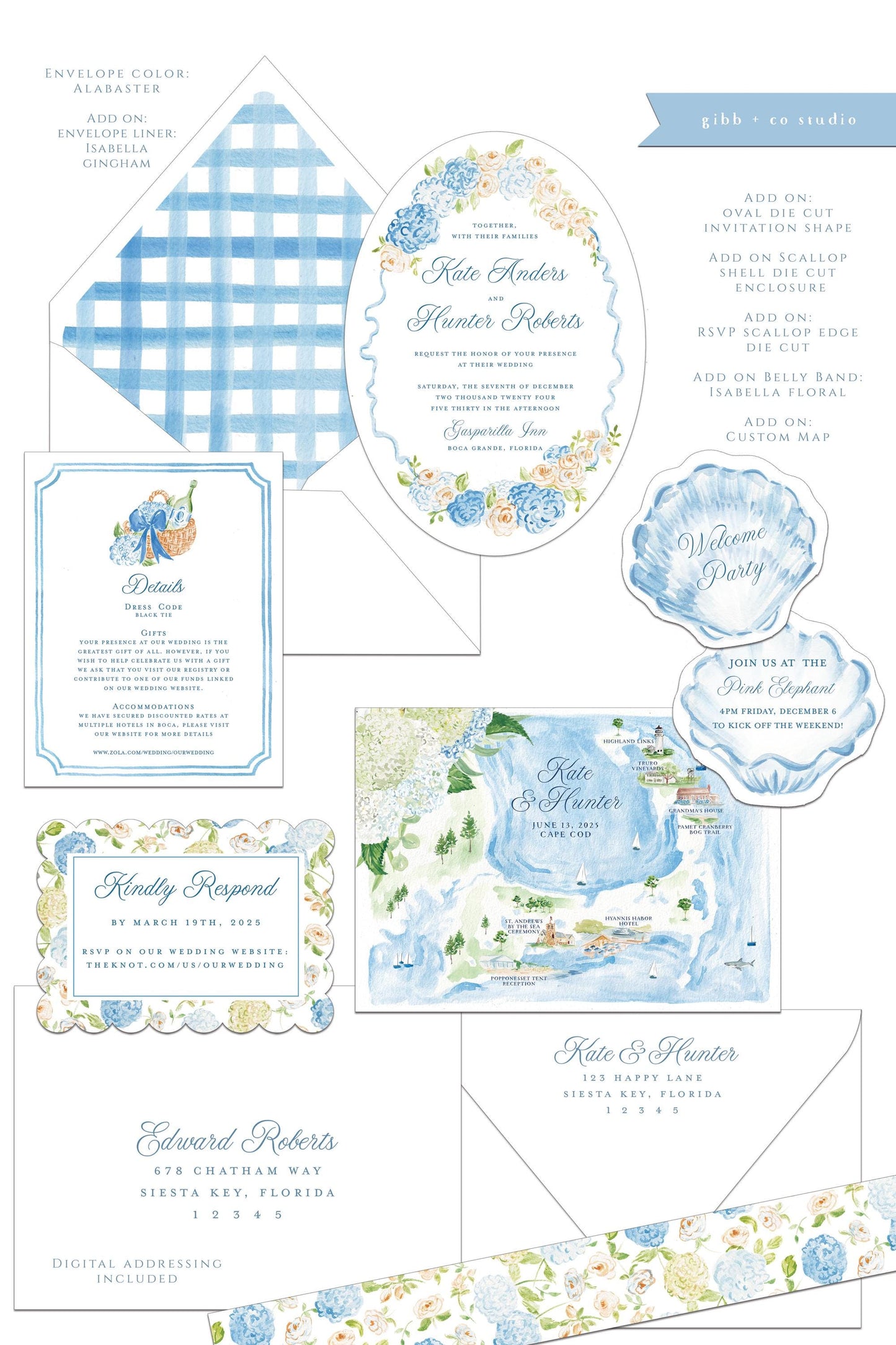 Kelsey Coastal wedding invitation, blue hydrangea, beach wedding, coastal wedding, watercolor Semi Custom wedding set, deposit only
