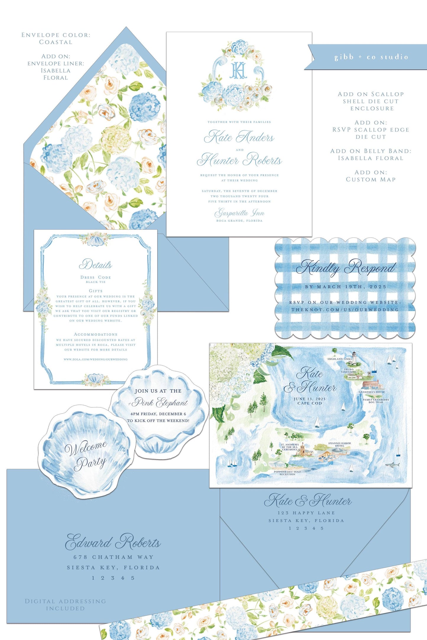 Catherine Coastal wedding invitation, blue hydrangea, beach wedding, coastal wedding, watercolor Semi Custom wedding set, deposit only