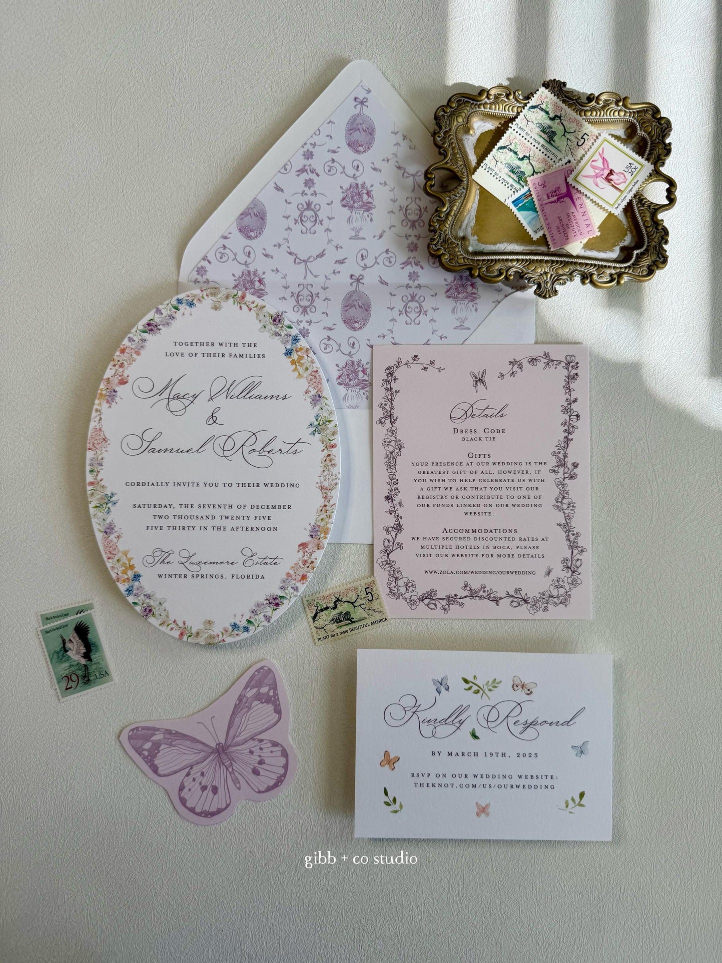 Lilibet Floral wedding invitation set, Oval, garden wedding invites, rsvp, detail, watercolor, semi custom, deposit only