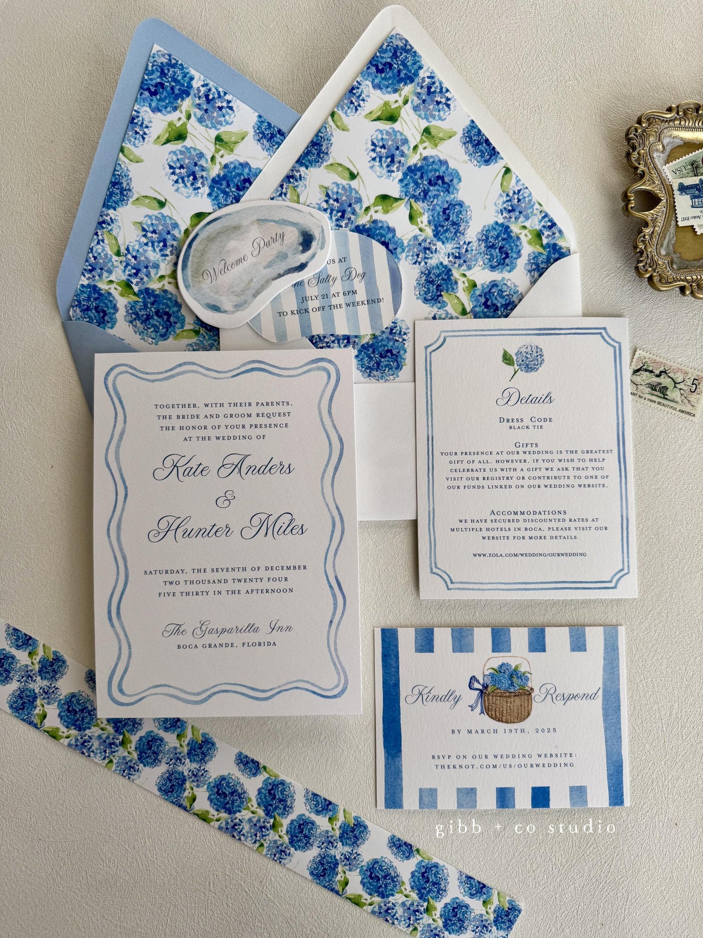 Anna Coastal wedding invitation, blue hydrangea, beach wedding, coastal wedding, watercolor wedding, Semi Custom, Nantucket, deposit only
