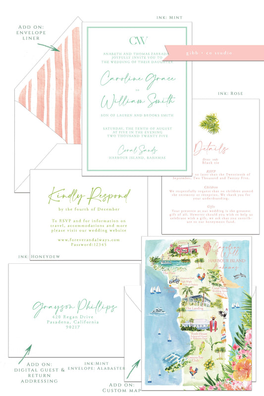 Tropical wedding invitations, Semi Custom printed wedding invitations, pink, hand painted wedding set, wedding invites, rsvp, details