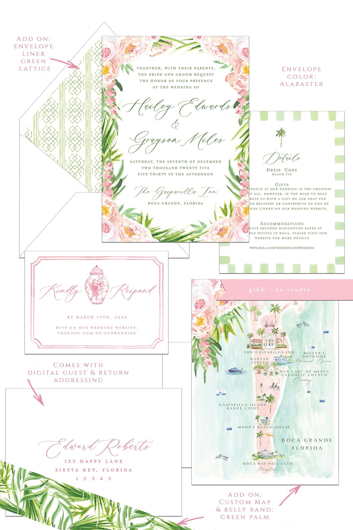 Tropical wedding invitations, beach wedding, Coastal wedding, Katie Semi Custom wedding invites, rsvp, detail, peony, watercolor pink floral