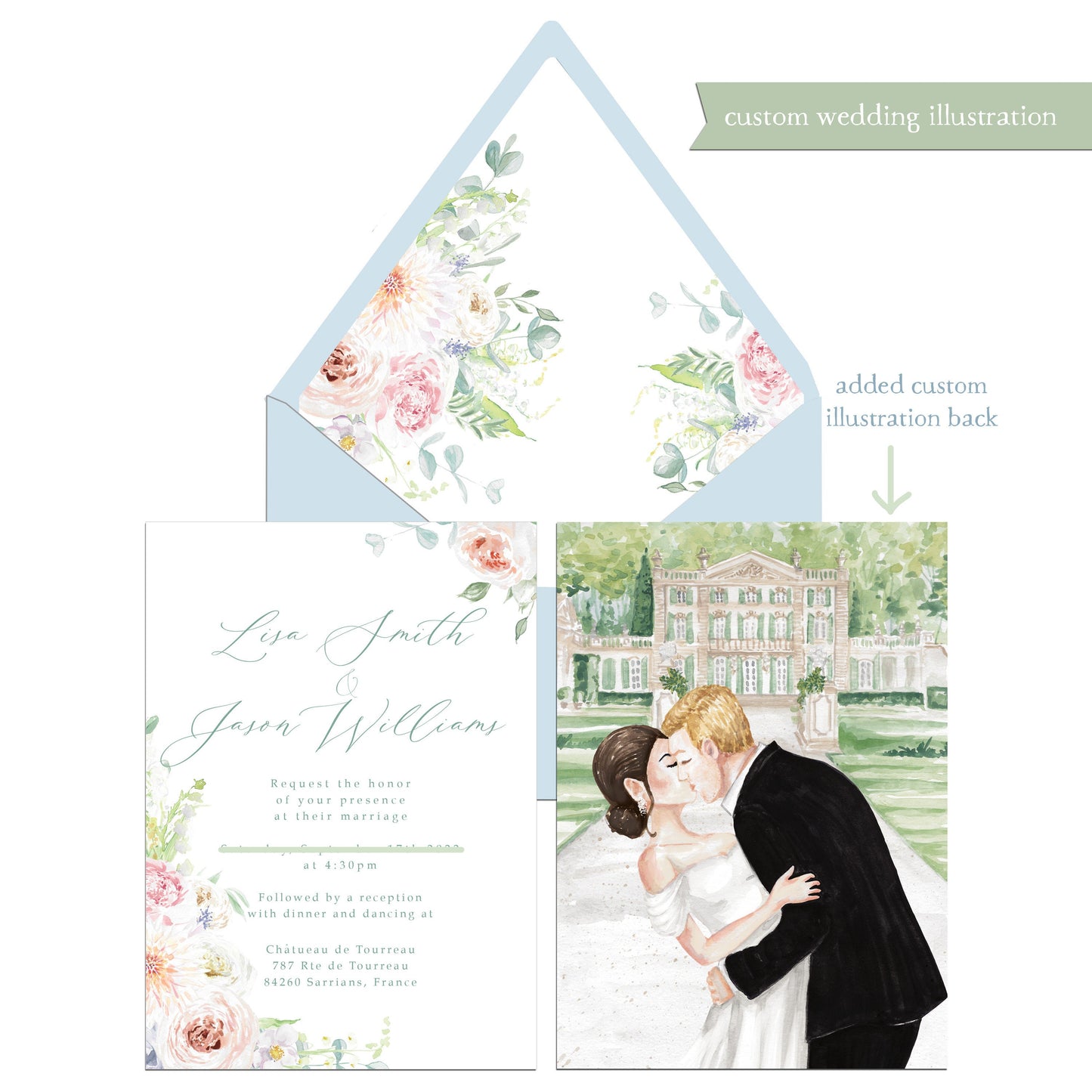 Custom watercolor, destination wedding, illustration, save the date, hand drawn, itinerary, illustrated map,  wedding venue, wedding set