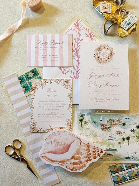 Calypso wedding invitation, pink and white, coastal beach wedding, semi custom wedding, destination wedding, watercolor invite, set of 25