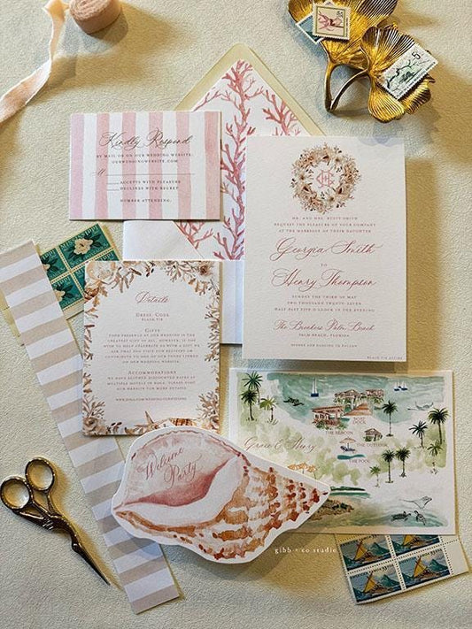 Calypso wedding invitation, pink and white, coastal beach wedding, semi custom wedding, destination wedding, watercolor invite, set of 25