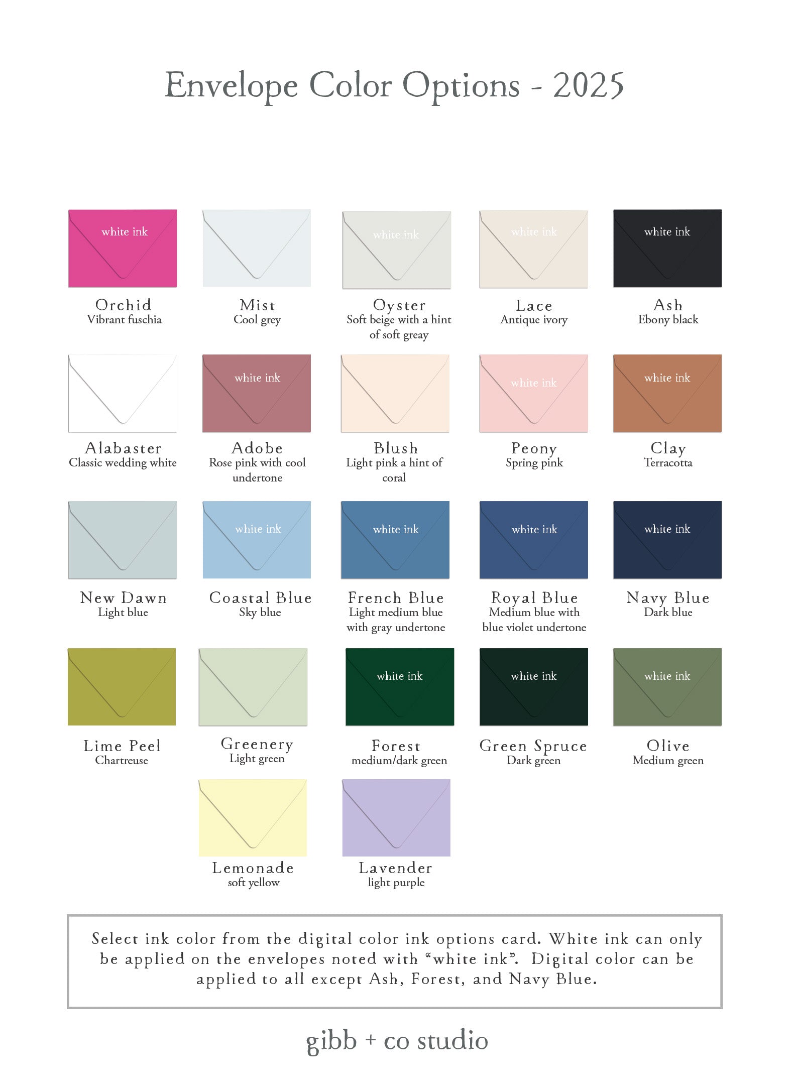 the color chart for the envelope color options