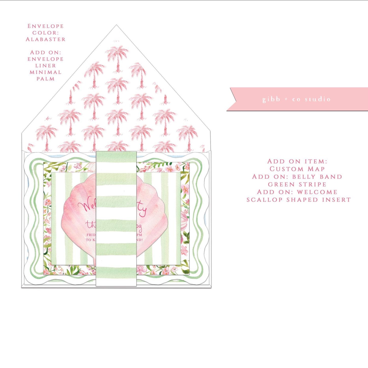 Closeup view of Sophie Wedding invitation suite stack featuring a main invitation with green border with white envelope and add on options of belly band, a welcome party scallop-shaped insert, and a custom map.