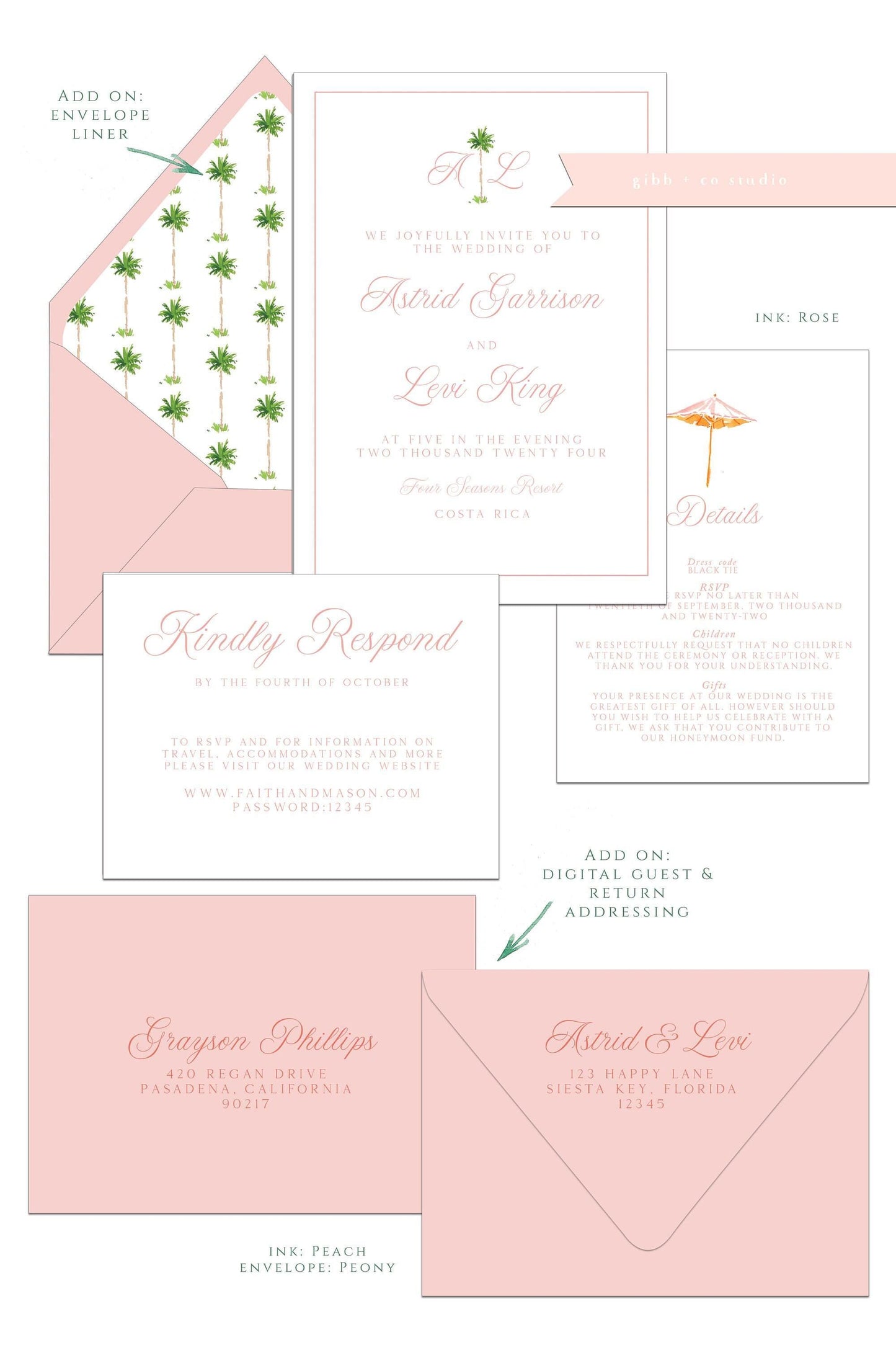 Hand-Painted Tropical Wedding Invitation Set, Semi Custom Invitations deposit, Kylie