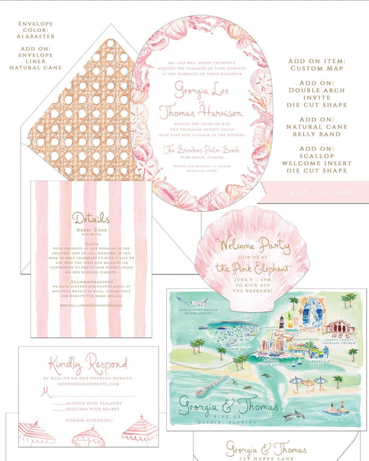 Cleo Watercolor Beach Wedding Invitation, Coastal Design, pink, semi custom, Deposit