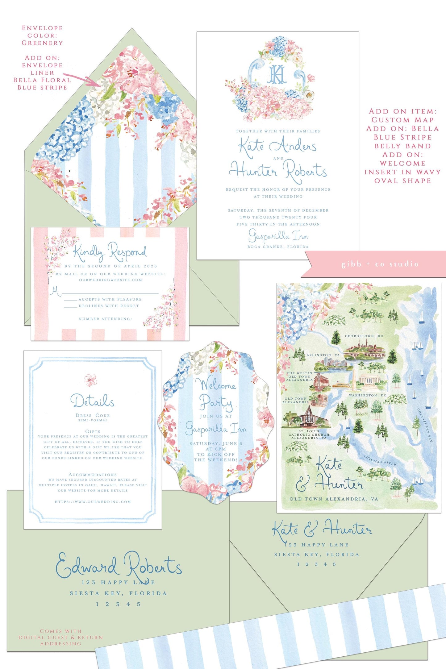 Bella Cherry Blossom wedding invitation, pink and blue, hydrangeas, semi custom, floral wedding, destination wedding, watercolor invites, deposit only