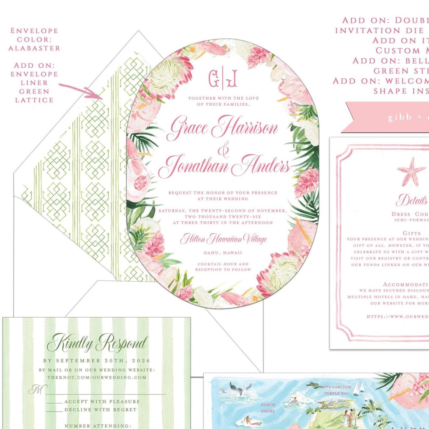 Lulu Tropical wedding invitation, pink protea, tropical flowers, beach wedding, destination wedding, watercolor invites, semi custom, deposit only