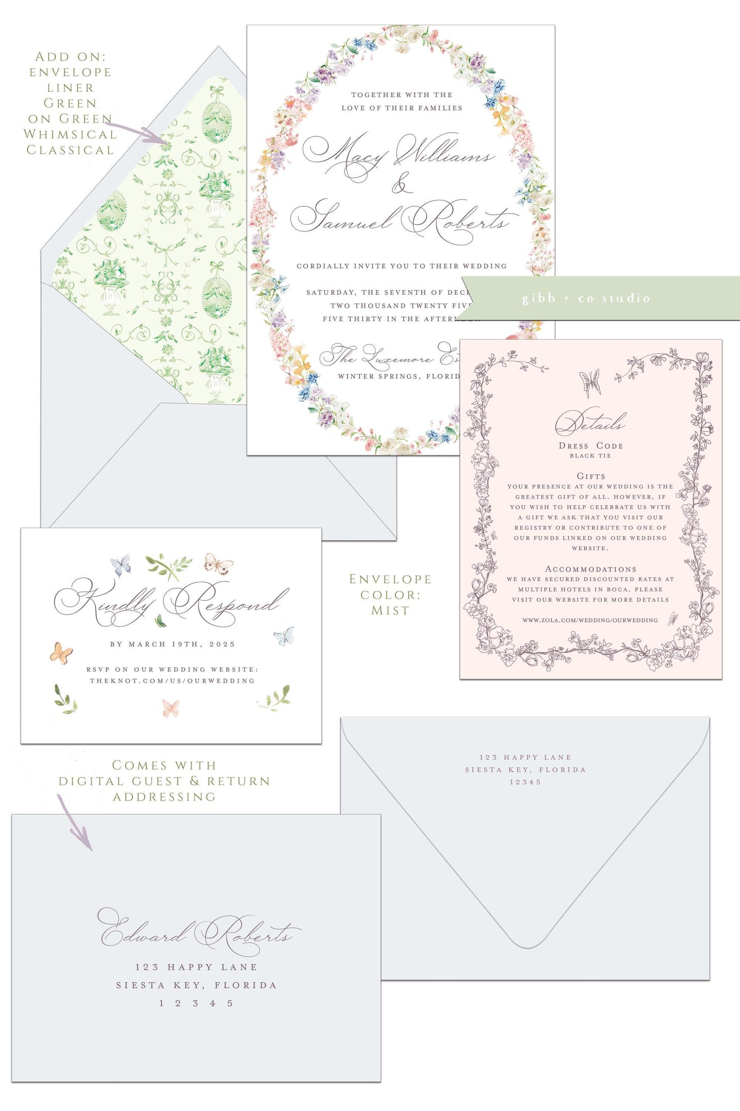 Lilibet Floral wedding invitation set, Garden wedding, floral invitation, semi custom, wedding invites, rsvp, detail, watercolor, deposit only