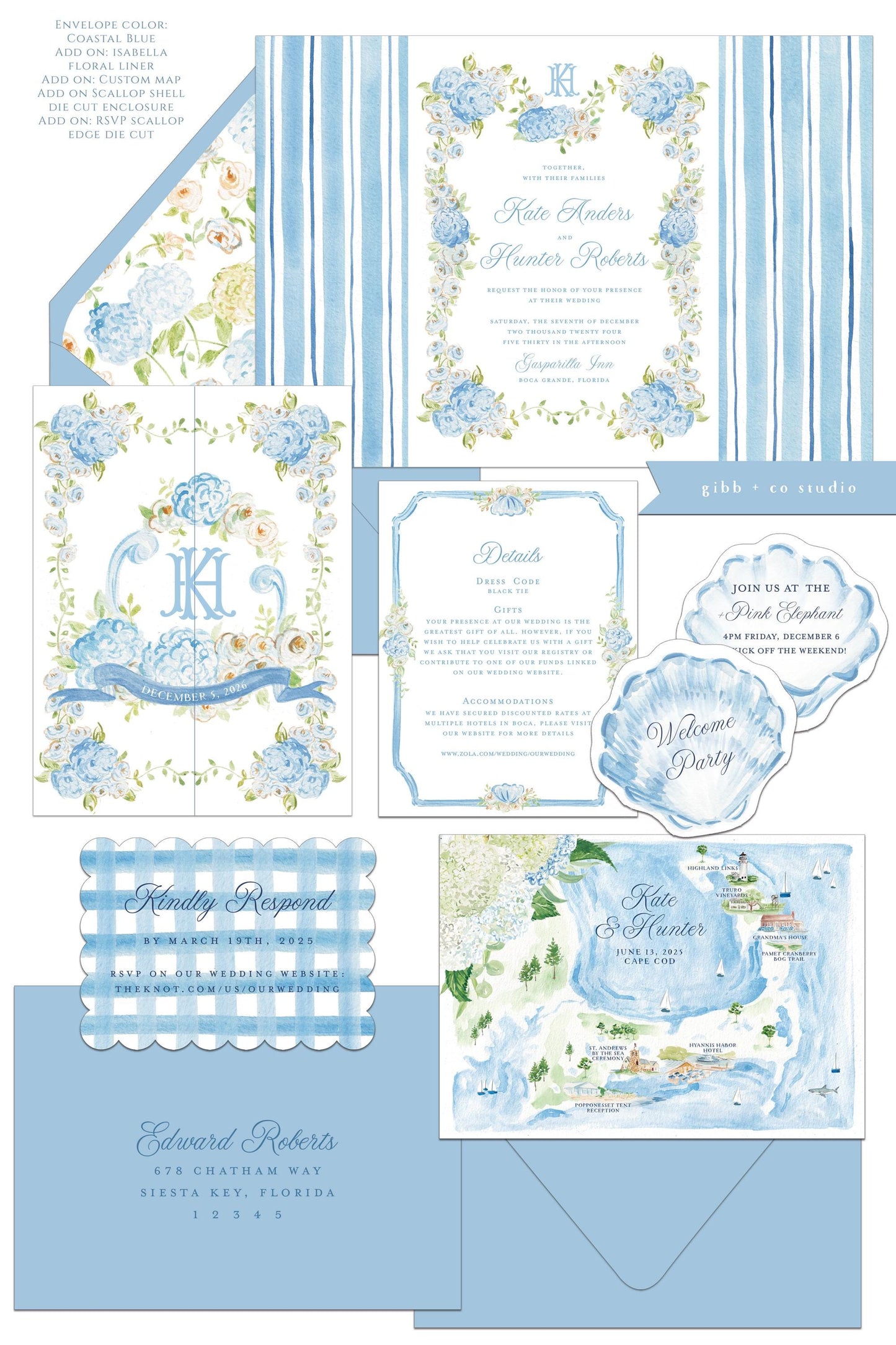 Georgina Coastal wedding invitation, blue hydrangea, beach wedding, coastal wedding, watercolor Semi Custom wedding set, deposit only