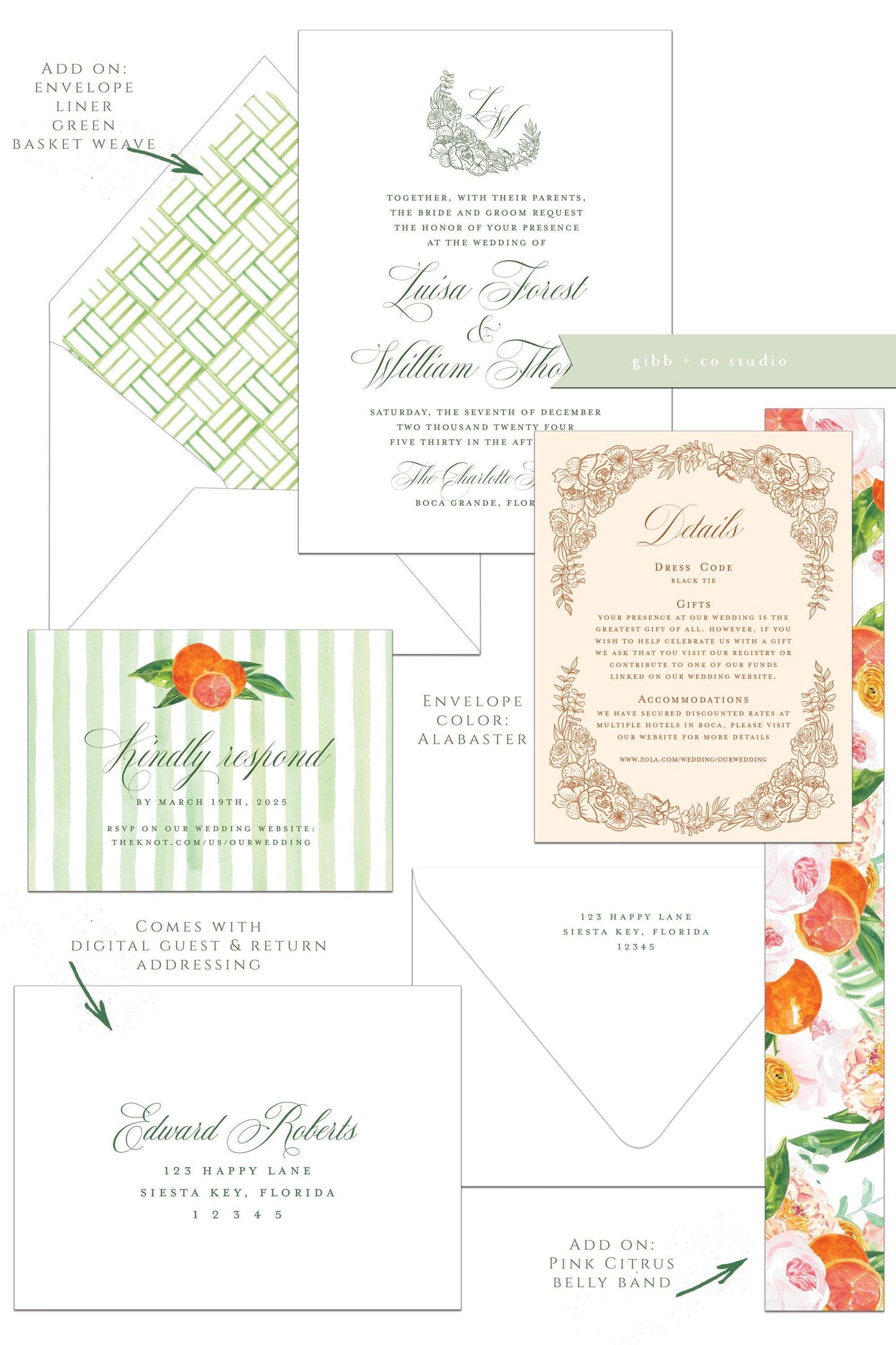 Watercolor Citrus Floral Wedding Invitation Set, semi custom, deposit