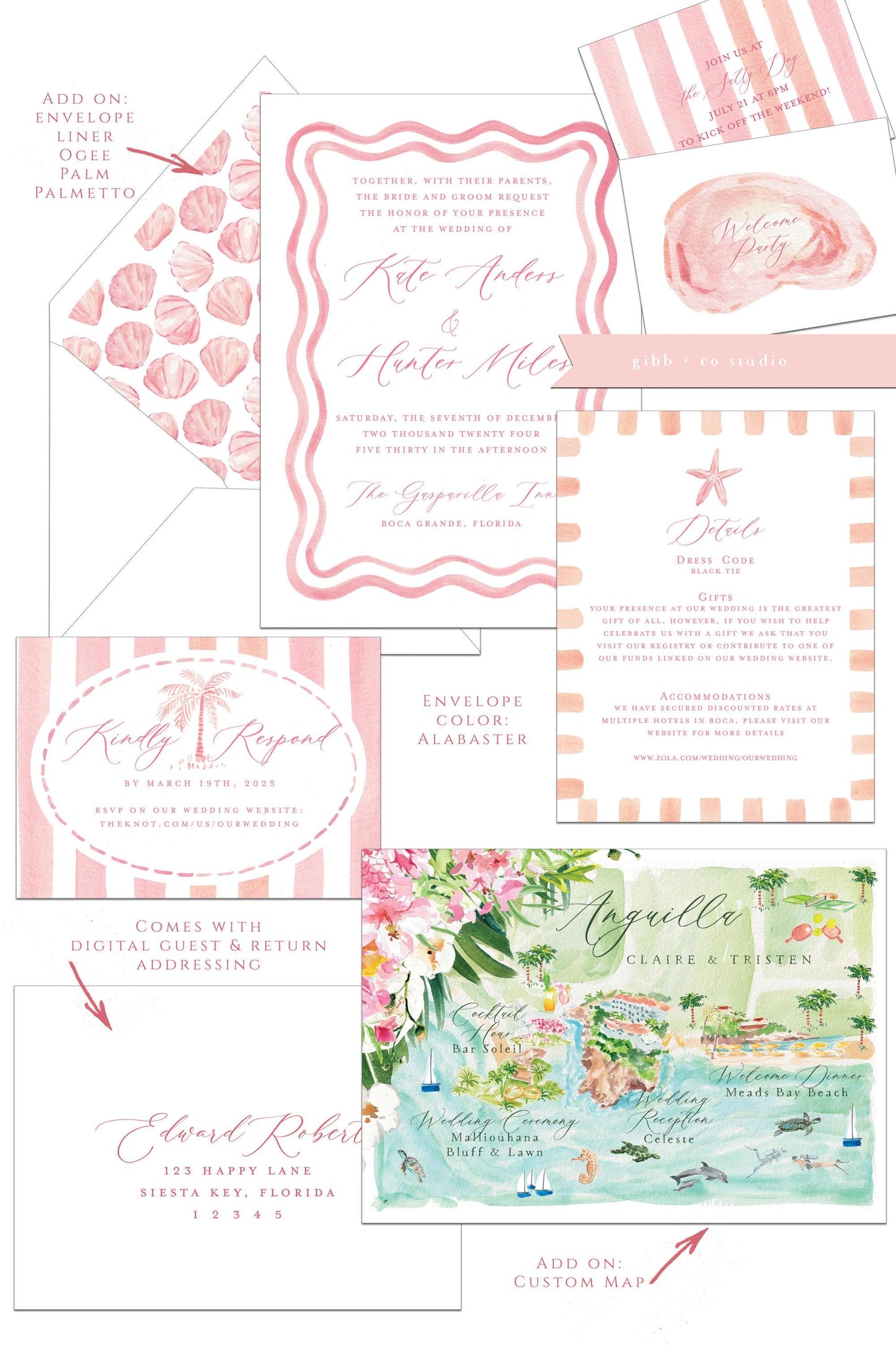Pink Watercolor Coastal Wedding Invitations, Beach Wedding Set deposit, semi custom