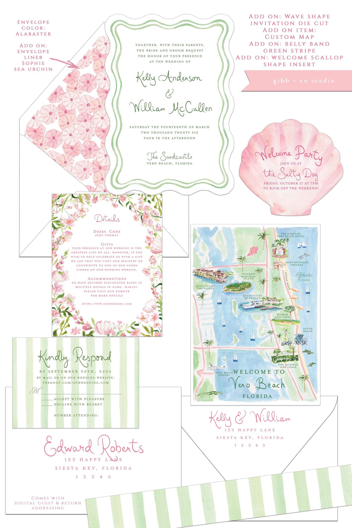 Sophie Beach wedding invitation, pink and green, tropical flowers, beach wedding, destination wedding, semi custom, watercolor invites, deposit only
