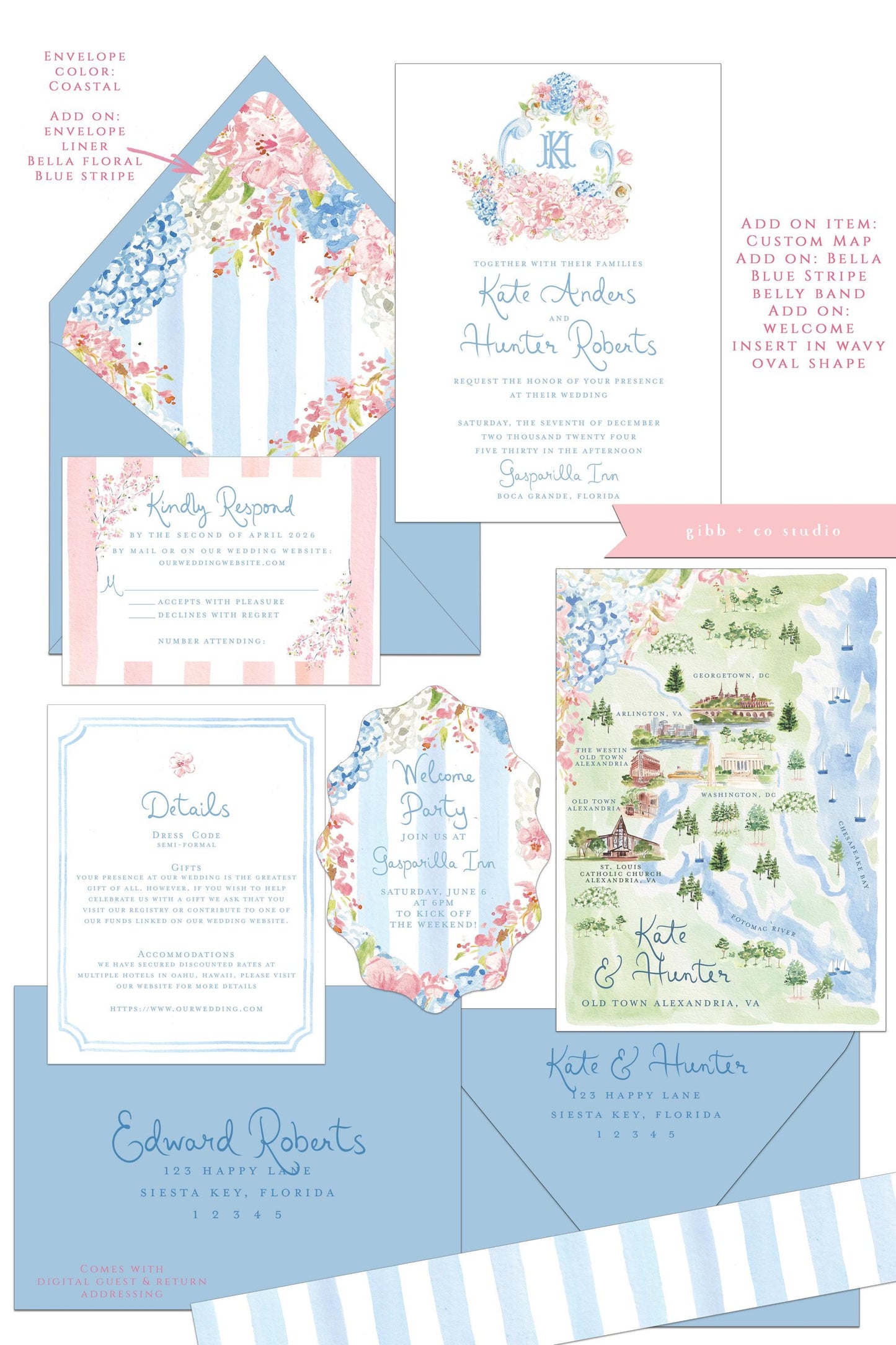 Bella Cherry Blossom wedding invitation, pink and blue, hydrangeas, semi custom, floral wedding, destination wedding, watercolor invites, deposit only